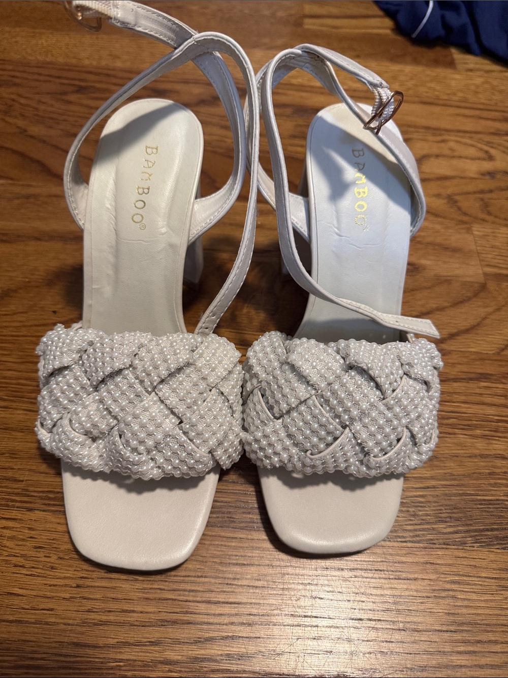 BAMBOO Ivory Beaded Braided Strap Heeled Sandals